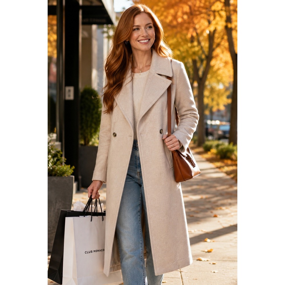 Club Monaco Daylina Coat Almond Wool Blend Double Breasted Long Jacket Size L